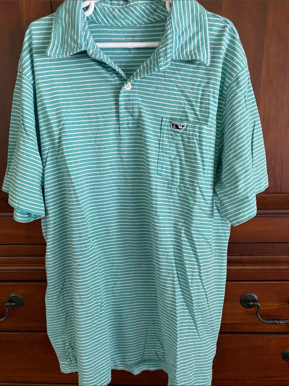 Vineyard Vines Teal and White Striped Pocket Polo
